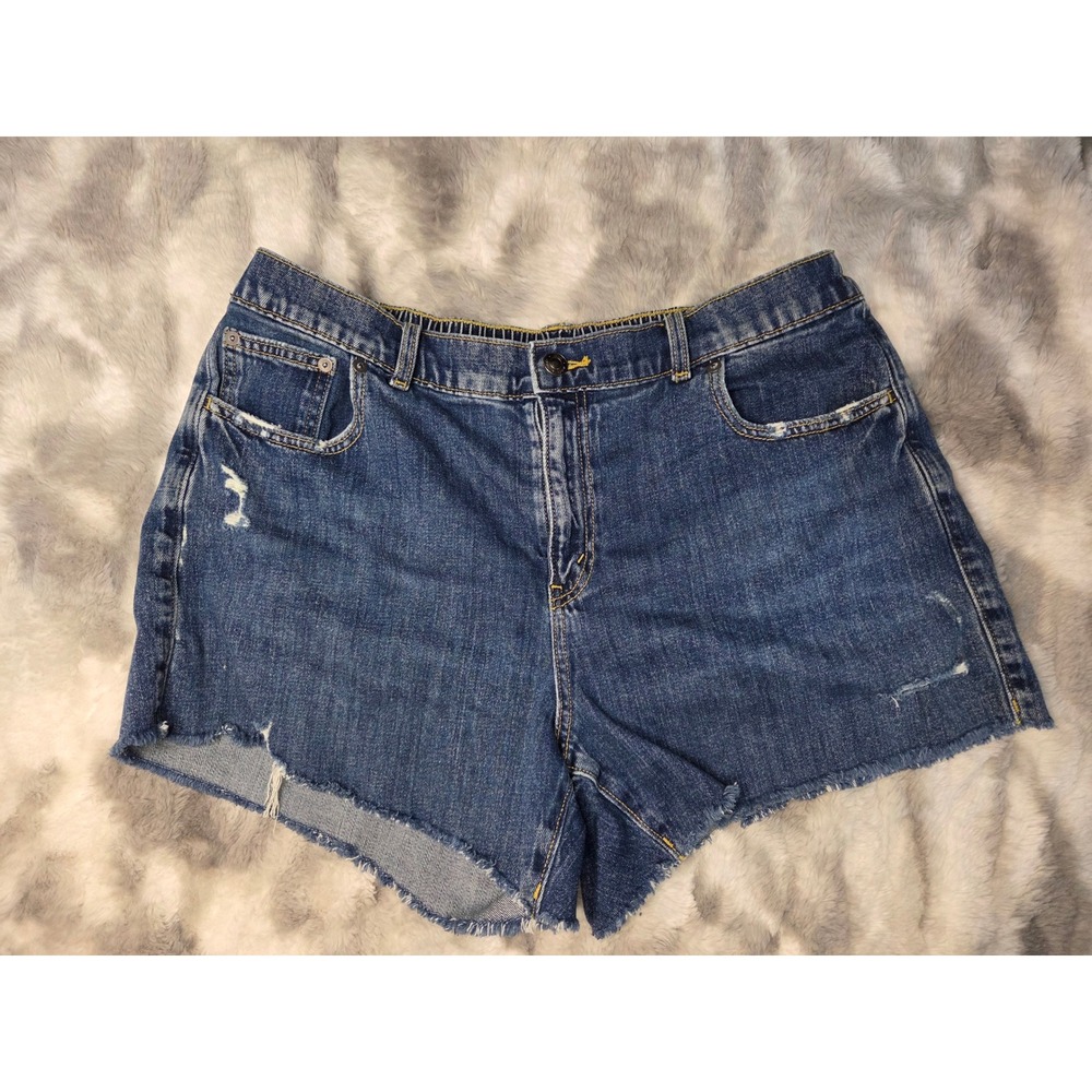 Aerie Denim Shorts Medium Wash Distressed Raw Hem‎ Elastic Waist Womens Large